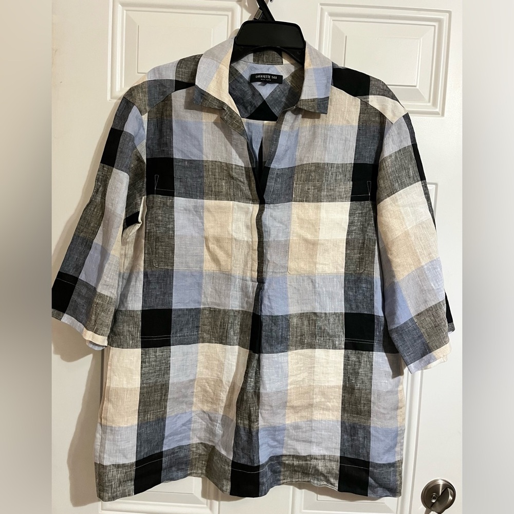 Lafayette 148 Yohanna Linen Shirt Women’s‎ M Plaid Popover Top Pockets Resort